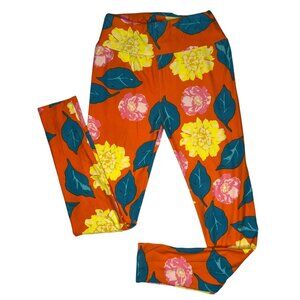 LuLaRoe Womens Leggings Yellow Carnation Floral Orange Buttery Soft One Size